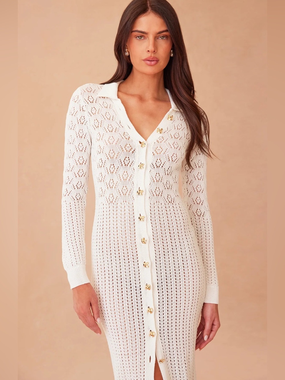 GENERATION LOVE Eleni Pointelle Knit Dress White L Gold Button Midi Cover Up - Picture 1 of 16